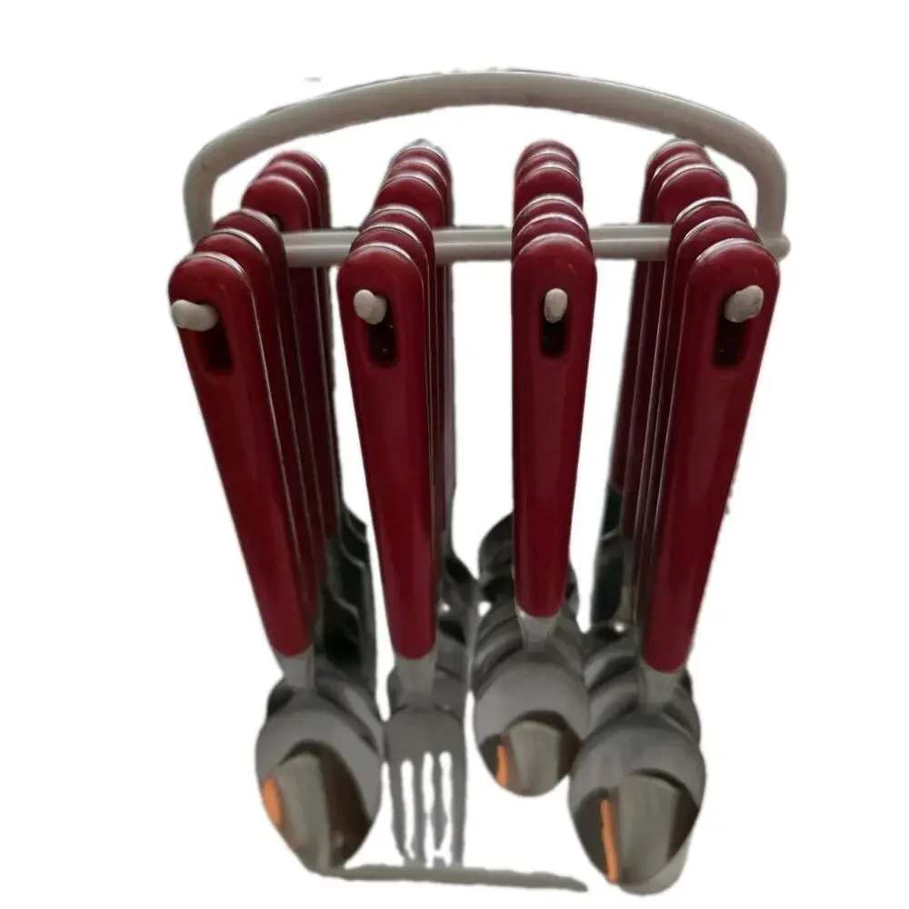 Vintage Stainless Red Hanging Flatware Set 24pc w Caddy Retro MCM Thailand